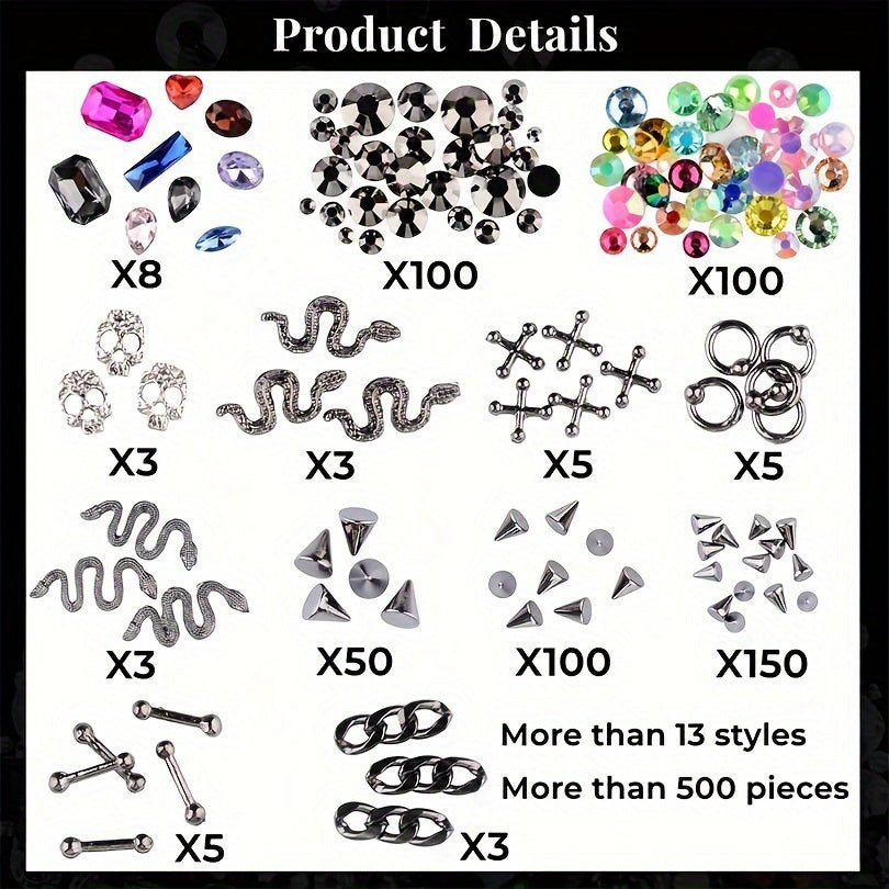300 Pieces Of Y2K Black Golden Silvery Punk Cone Rivet 3D Golden Skull Cross Chain Snake Pattern Retro Alloy Golden Nail Pendant Glass Pointed Bottom Gem Resin Water Drill Female Girl Golden Nail DIY Nail Art Decoration Set